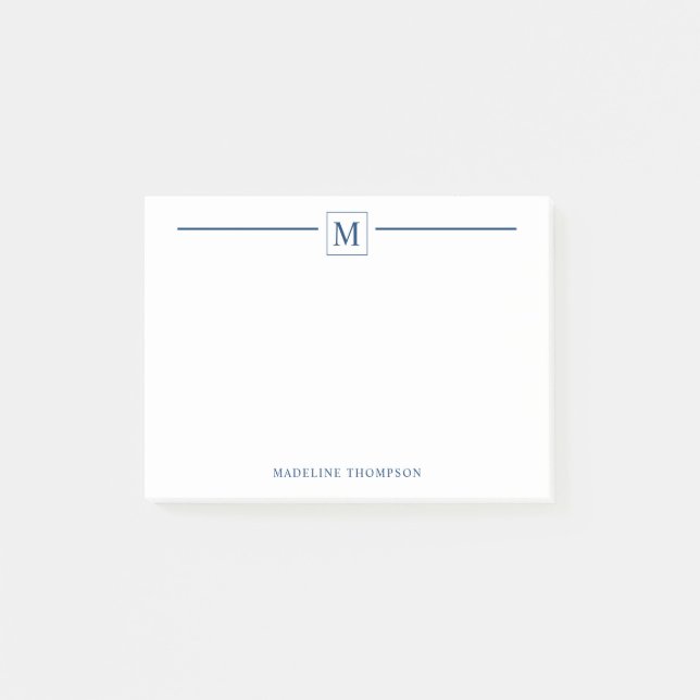 Modern Minimalist Navy Blue Monogram Line Square Post-it Notes (Front)