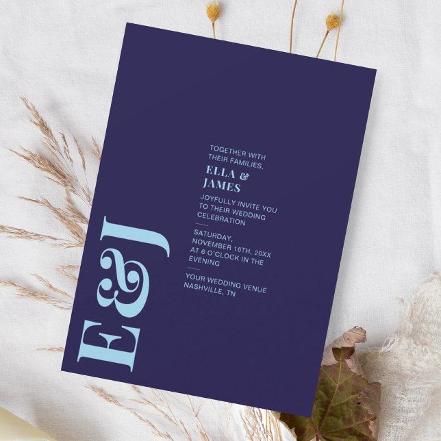 Modern Minimalist Navy Blue Monogram Wedding Invitation (Creator Uploaded)