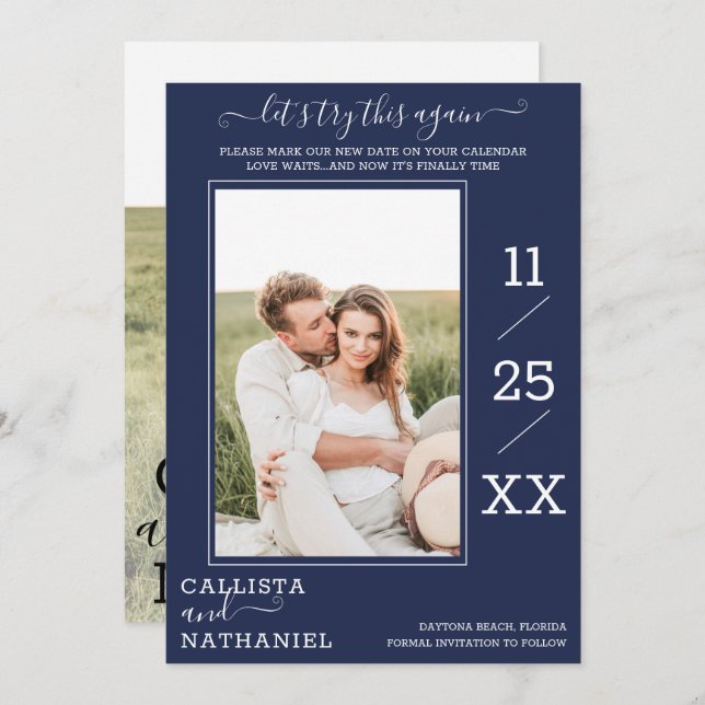 Modern Minimalist Navy Blue Photo Monogram Save The Date (Front/Back)