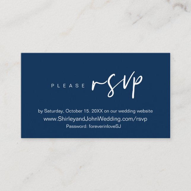 Modern Minimalist, Navy blue Script, Online RSVP   Enclosure Card (Front)