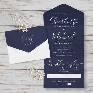 Modern Minimalist Navy Blue Script Wedding All In  One Invitation