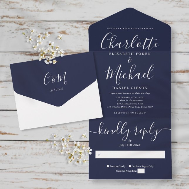Modern Minimalist Navy Blue Script Wedding All In  One Invitation (Creator Uploaded)