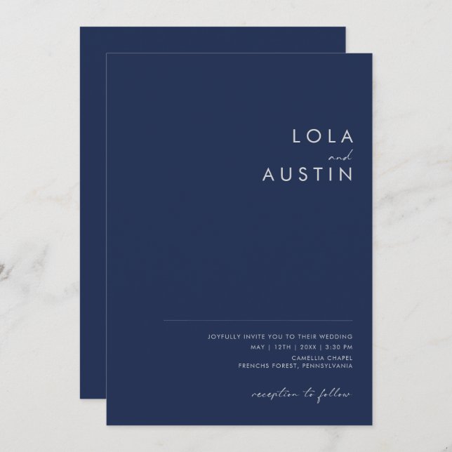Modern Minimalist Navy Blue Silver Casual Wedding Invitation (Front/Back)