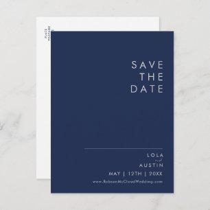 Modern Minimalist Navy Blue   Silver Save The Date Invitation Postcard