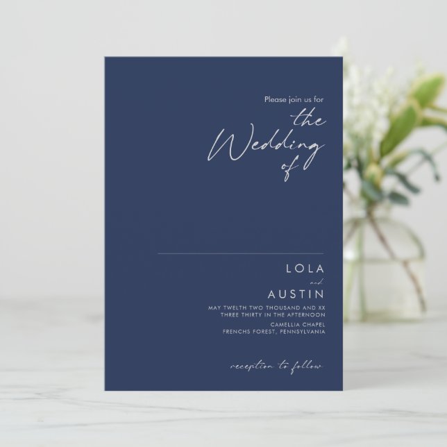 Modern Minimalist Navy Blue Silver The Wedding Of Invitation (Standing Front)