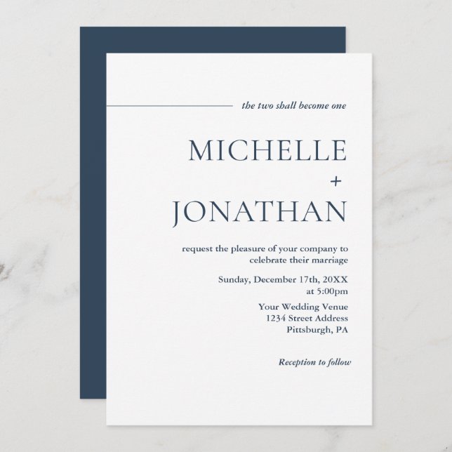 Modern Minimalist Navy Blue Text Christian Wedding Invitation (Front/Back)