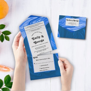 Modern Minimalist Navy Blue Waves Abstract Wedding All In One Invitation