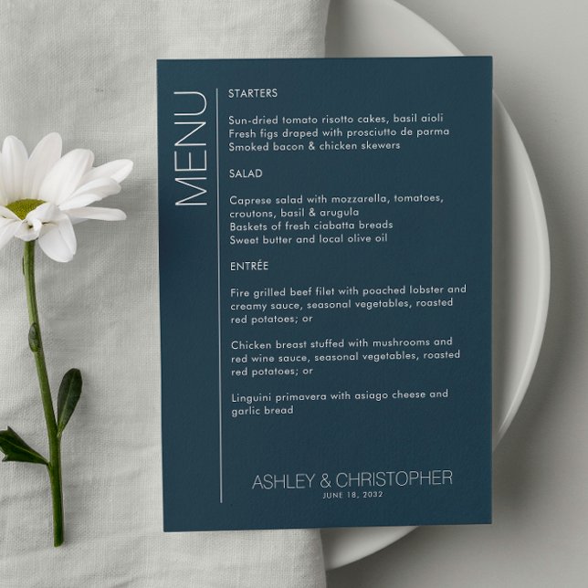 Modern Minimalist Navy Blue Wedding Reception Menu (Creator Uploaded)