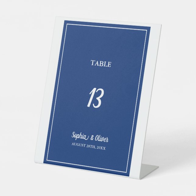 Modern Minimalist Navy Blue Wedding Table Number Pedestal Sign (Front)