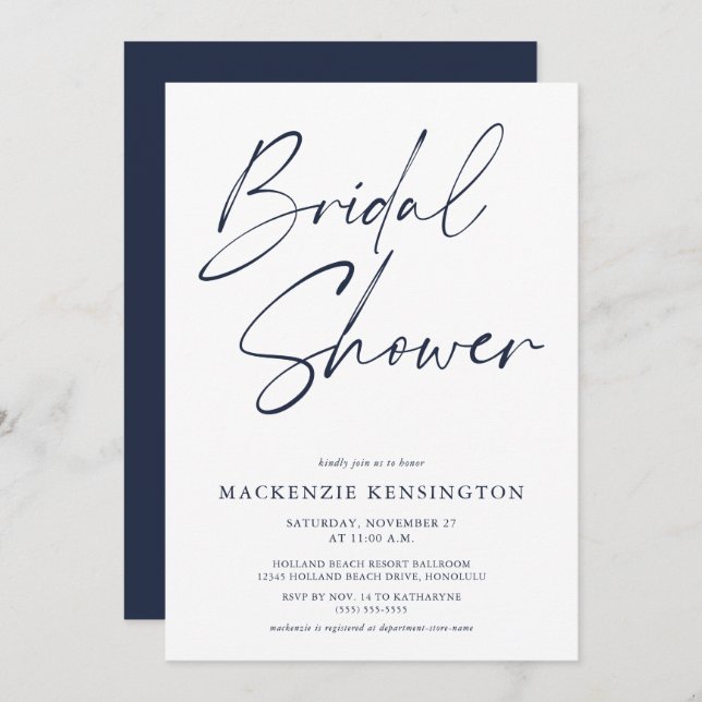 Modern Minimalist Navy Blue White Bridal Shower Invitation (Front/Back)