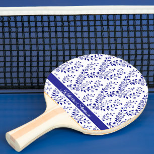 Modern Minimalist Navy Blue White Floral Script Ping Pong Paddle
