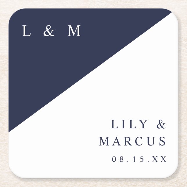 Modern Minimalist Navy Blue White Monogram Wedding Square Paper Coaster (Front)
