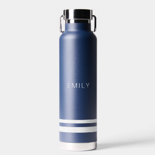 Modern Minimalist Navy Blue White Stripes Water Bottle