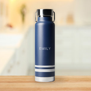 Modern Minimalist Navy Blue White Stripes Water Bottle