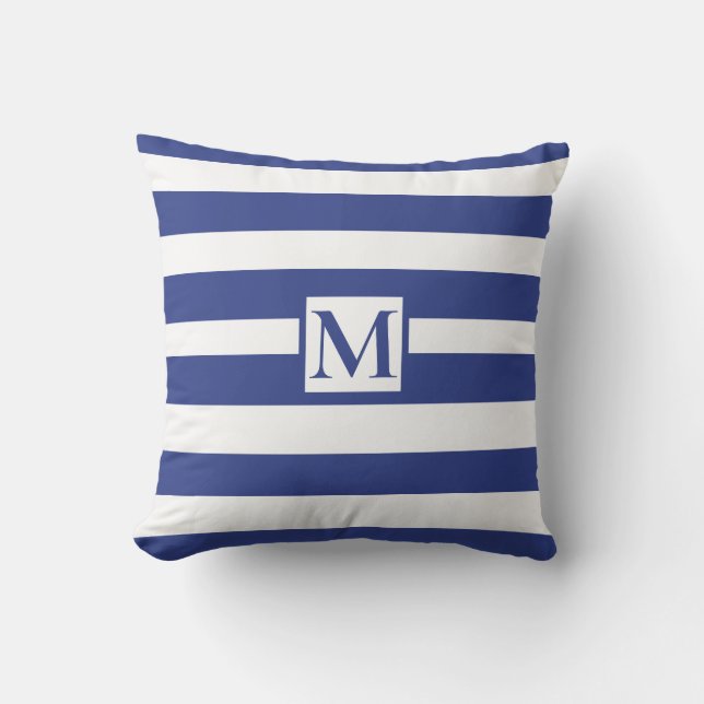 Modern minimalist navy blue white strips monogram cushion (Front)