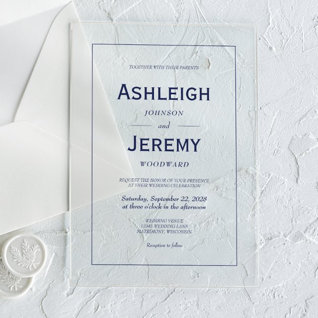 Modern Minimalist Navy Blue White Wedding Acrylic Invitations (Creator Uploaded)