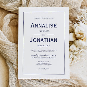 Modern Minimalist Navy Blue White Wedding Invitation