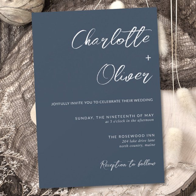 Modern Minimalist Navy Calligraphy Wedding Invitation (Creator Uploaded)