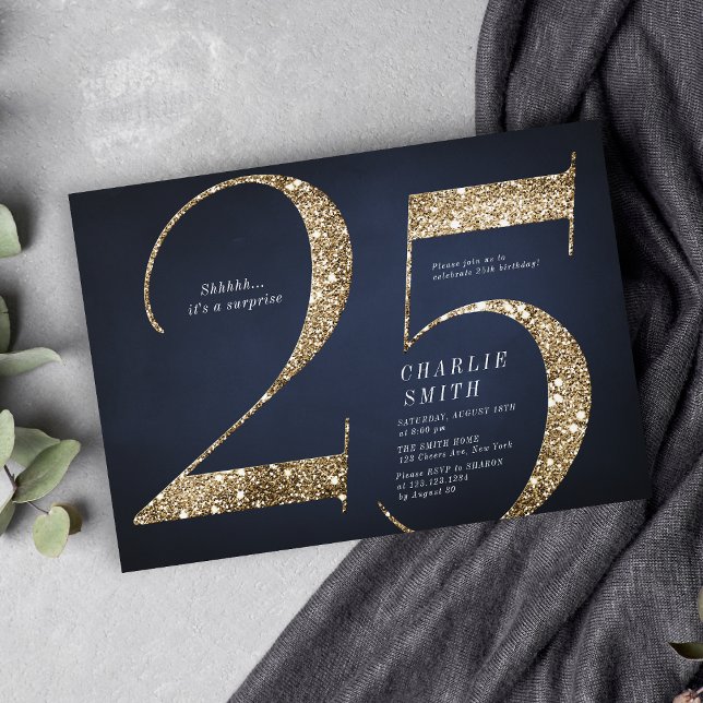 Modern minimalist navy gold glitter 25th birthday invitation (Modern minimalist navy gold glitter 25th birthday invitation)