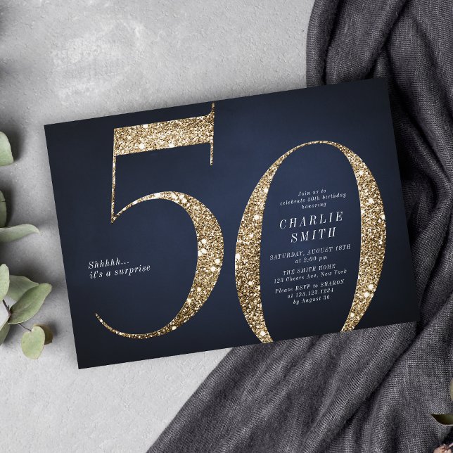 Modern minimalist navy gold glitter 50th birthday invitation (Modern minimalist navy gold glitter 50th birthday invitation)