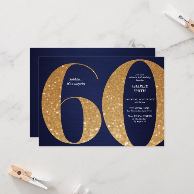 Modern minimalist navy gold glitter 60th birthday invitation (Front/Back In Situ)