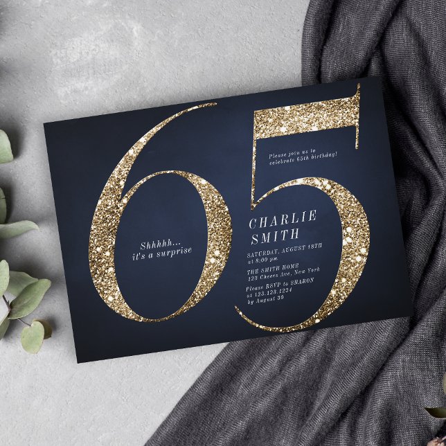 Modern minimalist navy gold glitter 65th birthday  invitation (Modern minimalist navy gold glitter 65th birthday invitation)