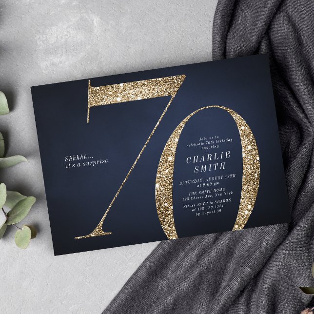 Modern minimalist navy gold glitter 70th birthday invitation (Modern minimalist navy gold glitter 70th birthday invitation)