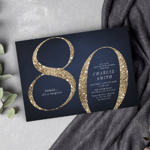 Modern minimalist navy gold glitter 80th birthday invitation