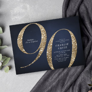 Modern minimalist navy gold glitter 90th birthday invitation