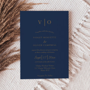 Modern Minimalist Navy Gold Monogram Wedding Invitation