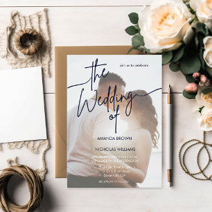 Modern Minimalist Navy Photo Wedding Invita Invitation