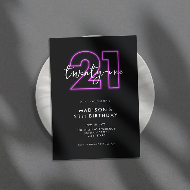 Modern Minimalist Neon 21st Birthday Invitation (Creator Uploaded)