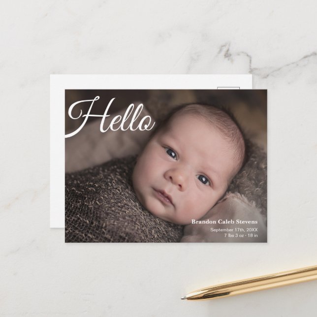 Modern Minimalist Newborn Baby Photo Postcard (Front/Back In Situ)