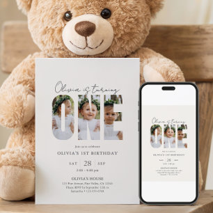 Modern Minimalist ONE Photo Collage 1st Birthday Invitation