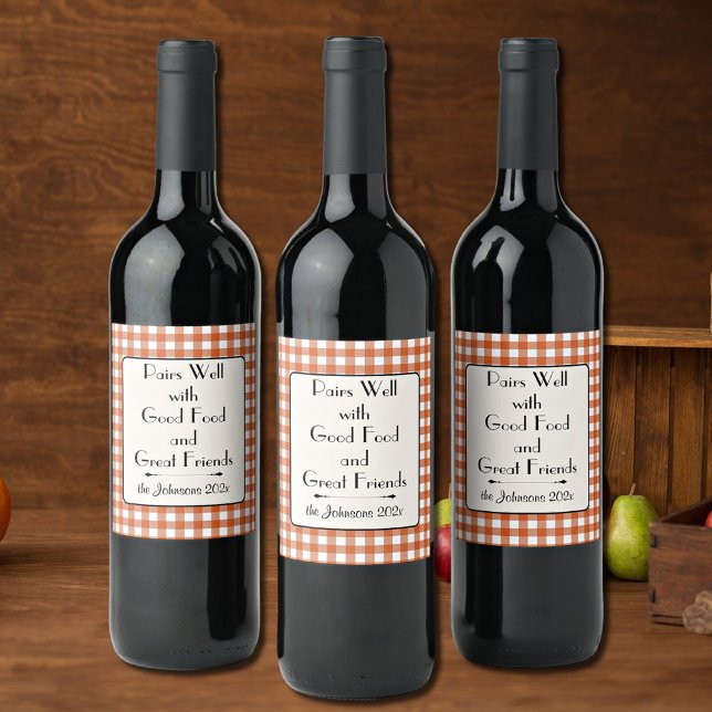 Modern Minimalist Orange Buffalo Check Custom Wine Label (Creator Uploaded)