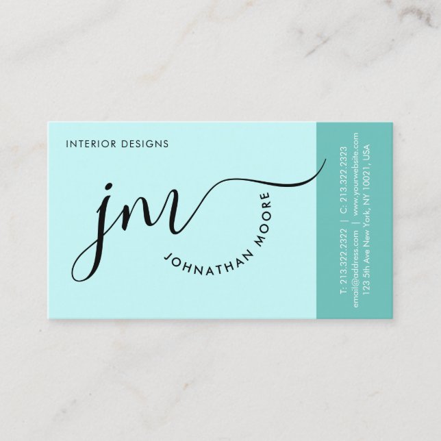 Modern Minimalist Pastel Blue Script Monogram Business Card (Front)