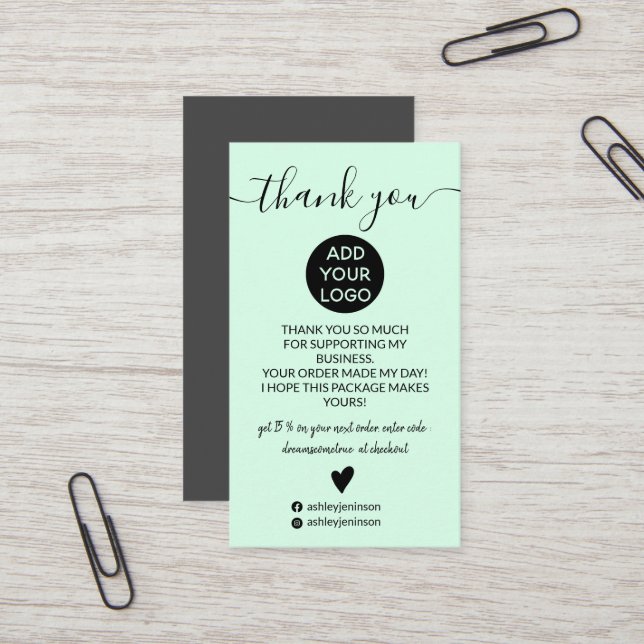 Modern minimalist pastel mint order thank you business card (Front/Back In Situ)