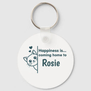 Modern Minimalist Peeking Cat Happiness Is Coming Key Ring