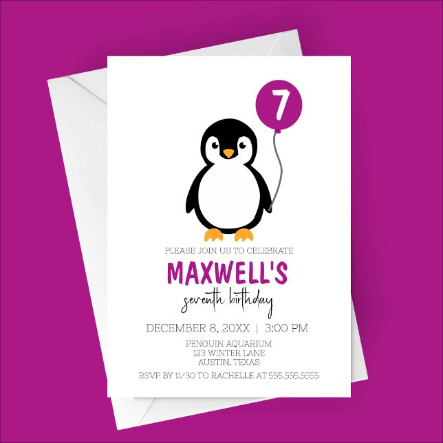 Modern Minimalist Penguin Winter Birthday Party Invitation (Purple Minimalist Penguin Winter Birthday Party Invitation)