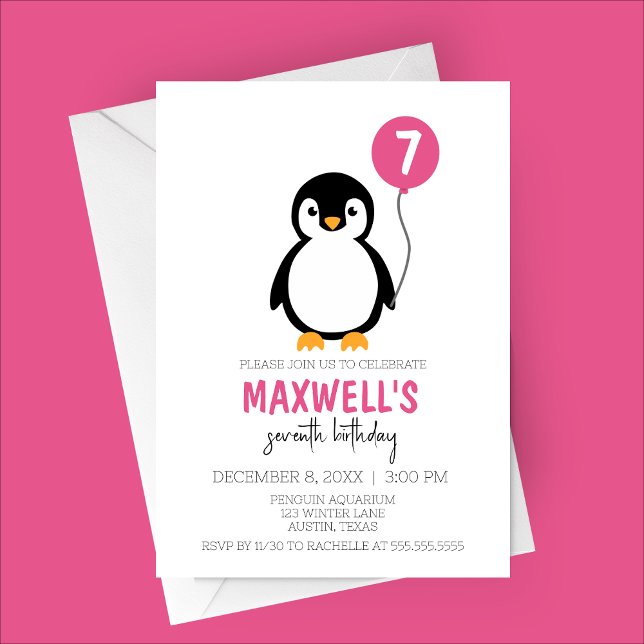 Modern Minimalist Penguin Winter Birthday Party Invitation (Pink Modern Minimalist Penguin Winter Birthday Party Invitation)