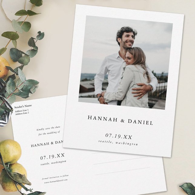 Modern Minimalist Personalised Photo Save the Date Invitation Postcard (Creator Uploaded)