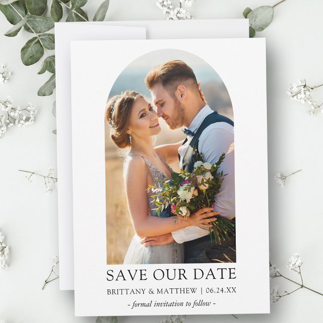 Modern Minimalist Photo Arch Save Our Date Card (Customize to change text size, style or to add more text & photos to back of card.)