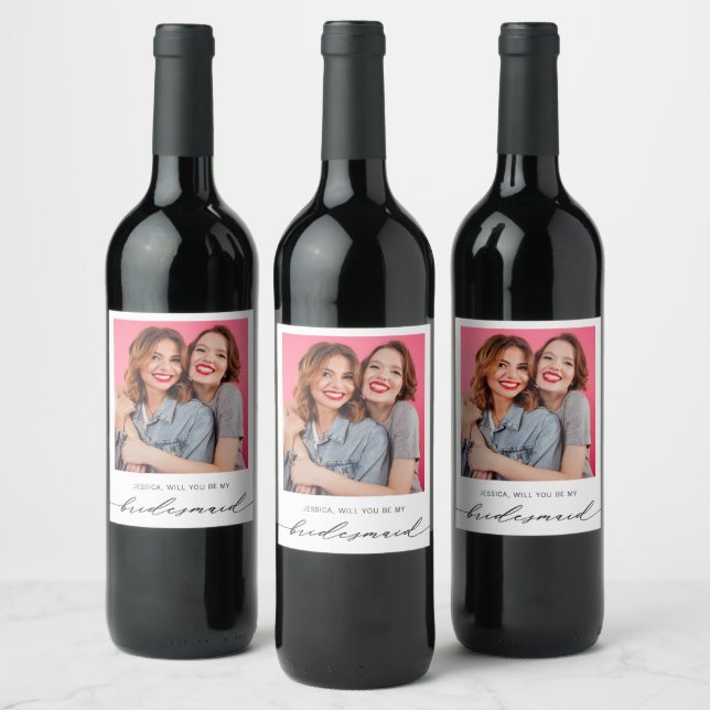 Modern Minimalist Photo Bridesmaid Proposal  Wine Label (Bottles)