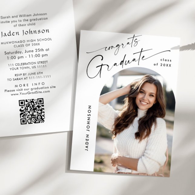 Modern Minimalist PHOTO Graduation Party QR code Invitation (Creator Uploaded)