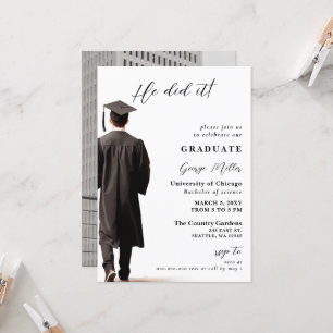 Modern Minimalist Photo he Did It Graduation Invitation