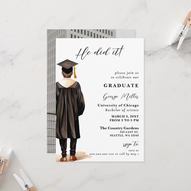 Modern Minimalist Photo he Did It Graduation Invitation (Front/Back In Situ)