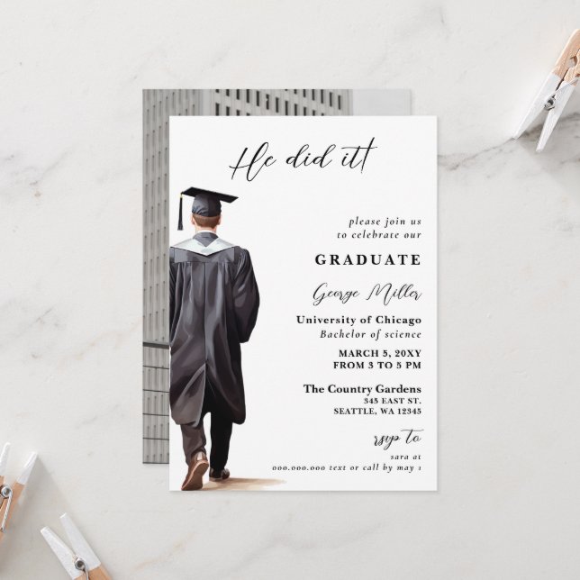 Modern Minimalist Photo he Did It Graduation Invitation (Front/Back In Situ)