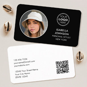 Modern Minimalist Photo Logo QR Code Black White Business Card