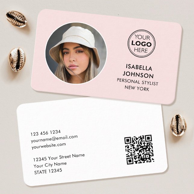 Modern Minimalist Photo Logo QR Code Blush Pink Business Card (Creator Uploaded)