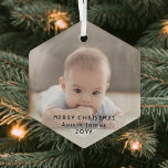 Modern Minimalist Photo Overlay Black Text Hexagon Glass Tree Decoration<br><div class="desc">Celebrate the simple joys of the holidays with a custom photo hexagon-shaped glass ornament. Picture and all text on this template are easy to customize to include any wording, such as Merry Christmas, My First Xmas, Best Friends, kids & family names, etc. (IMAGE PLACEMENT TIP: An easy way to center...</div>